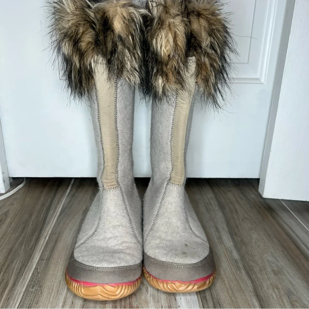 Sorel Cozy Joan Tall Felt Boots Faux Fur Top Womens Sz 10 Beige Tan Brown